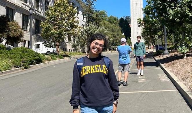 Vasundhara wearing a Berkeley sweatshirt
